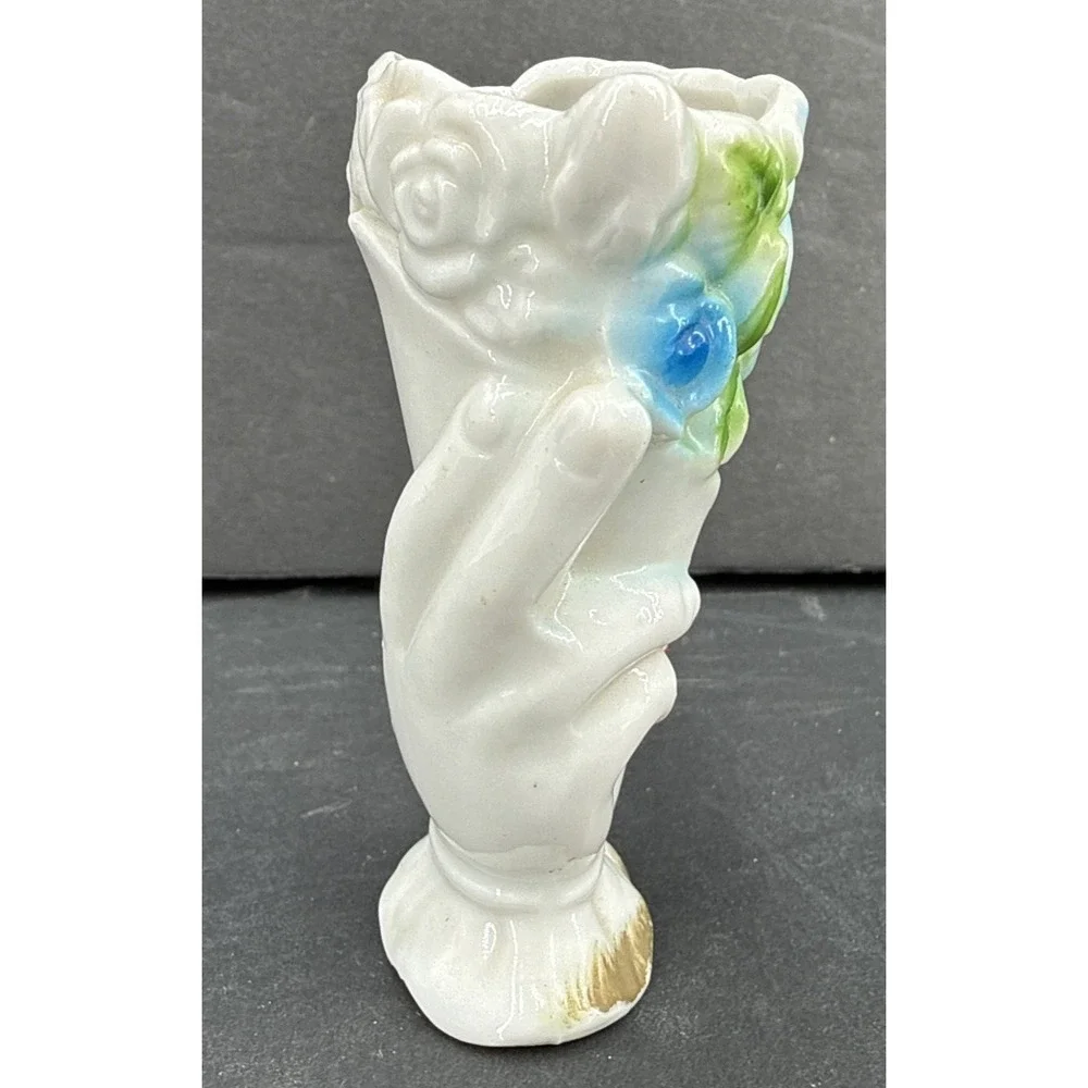 Vintage‎ 1940's Blue Rose Hand Bud vase Match Stick Holder Japan 3